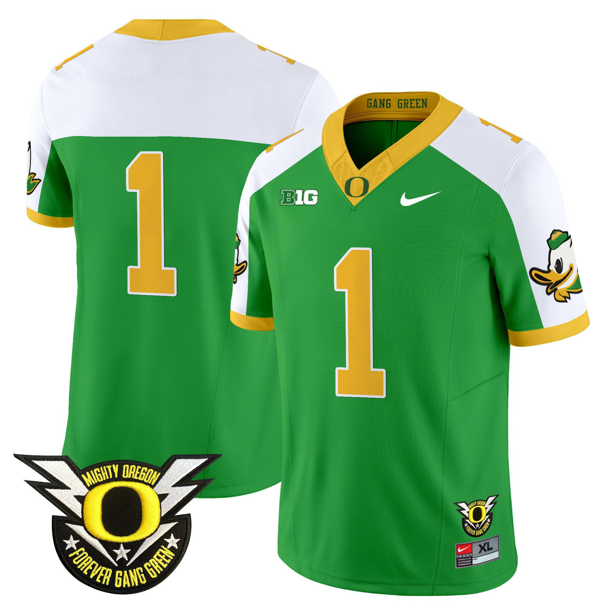 Men Oregon Ducks #1 No Name Green 2024 Nike Forever Gang Green & BIG Patch Vapor Limited NCAA Jersey style 1->ncaa teams->NCAA Jersey